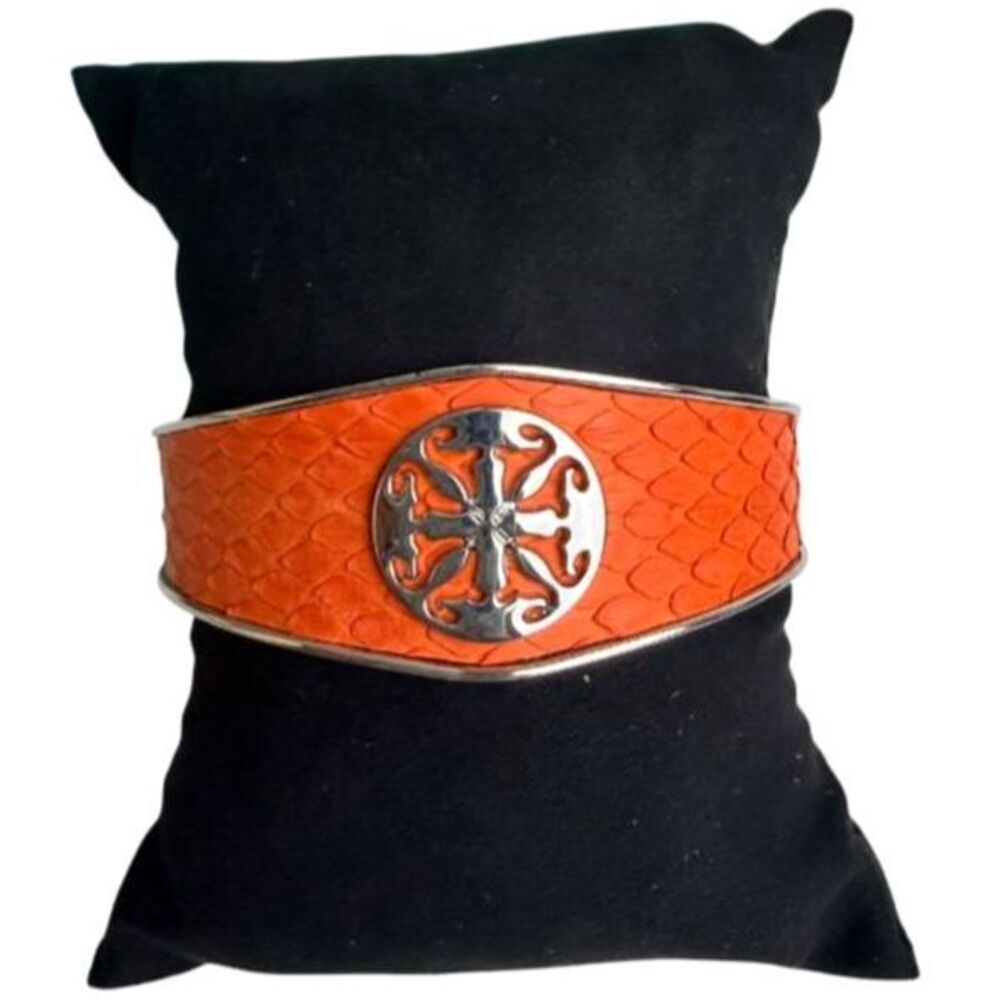 Rustic Cuff Monique Python Tangerine Leather Silver Tone Signature Logo Cuff RC2